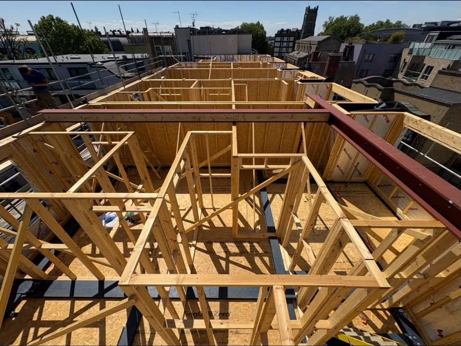 Timber stud walls framed off a structural steel frame